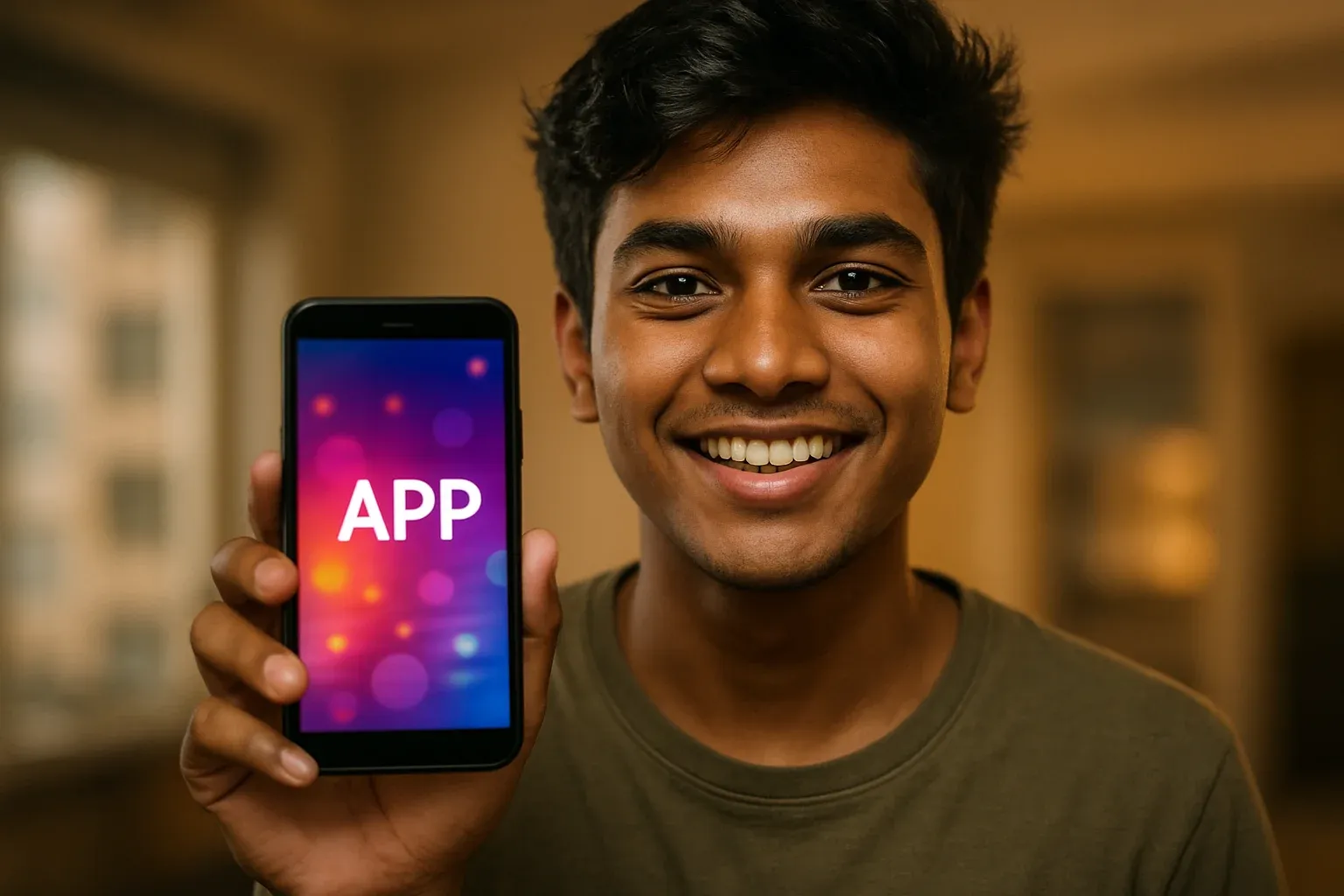 Smiling young Bangladeshi man holding smartphone with glowing app screen facing camera