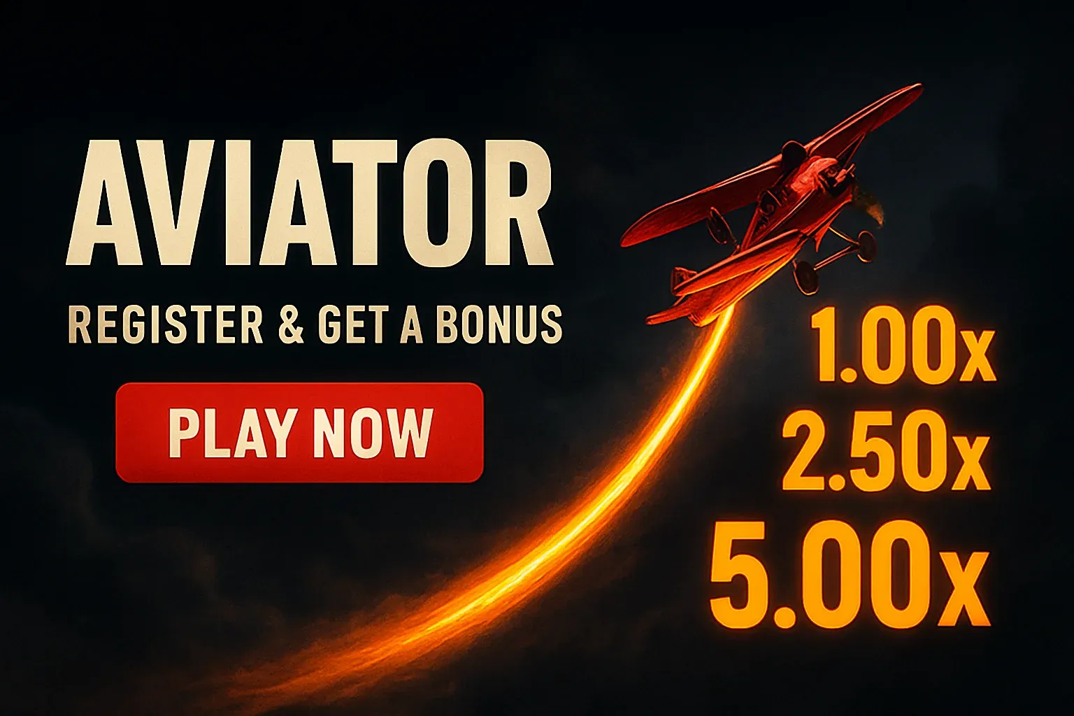 Aviator crash game banner with red plane, multipliers, and play now button