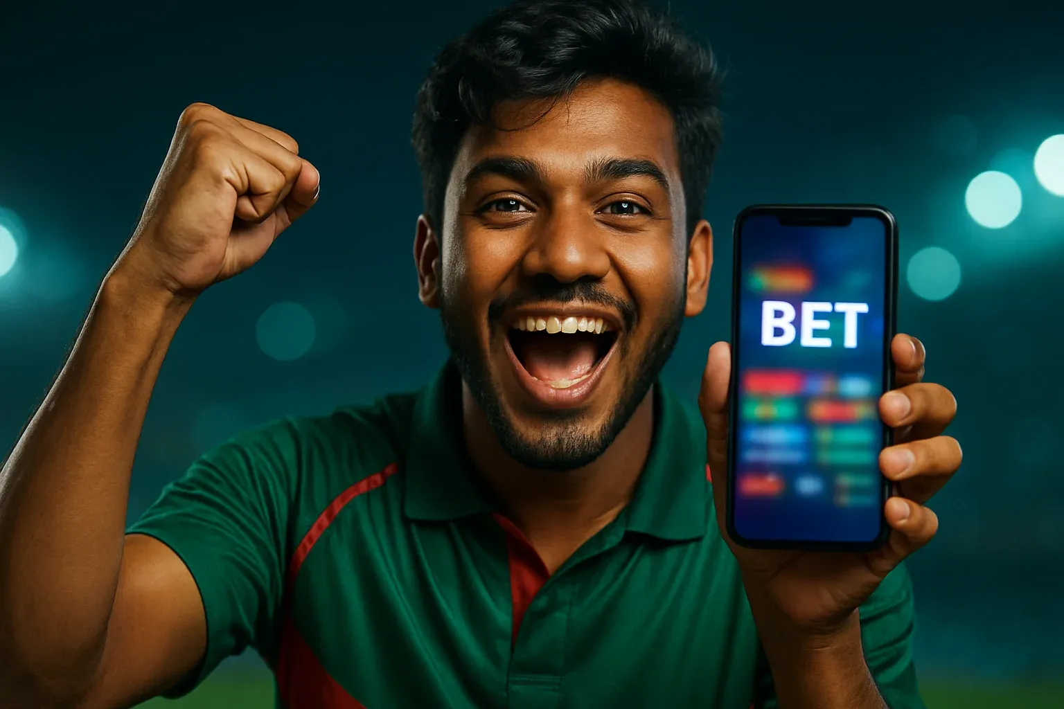 Young Bangladeshi man cheering with smartphone showing sports betting screen