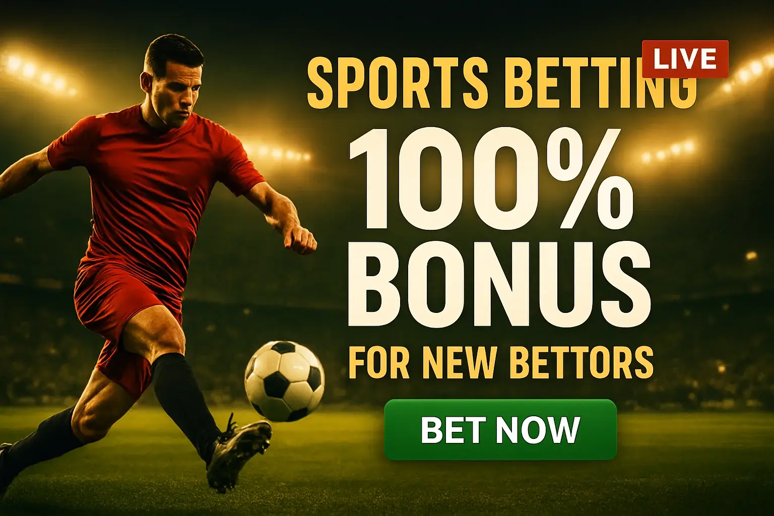 Sports betting banner with footballer, stadium, bonus offer, and bet now button