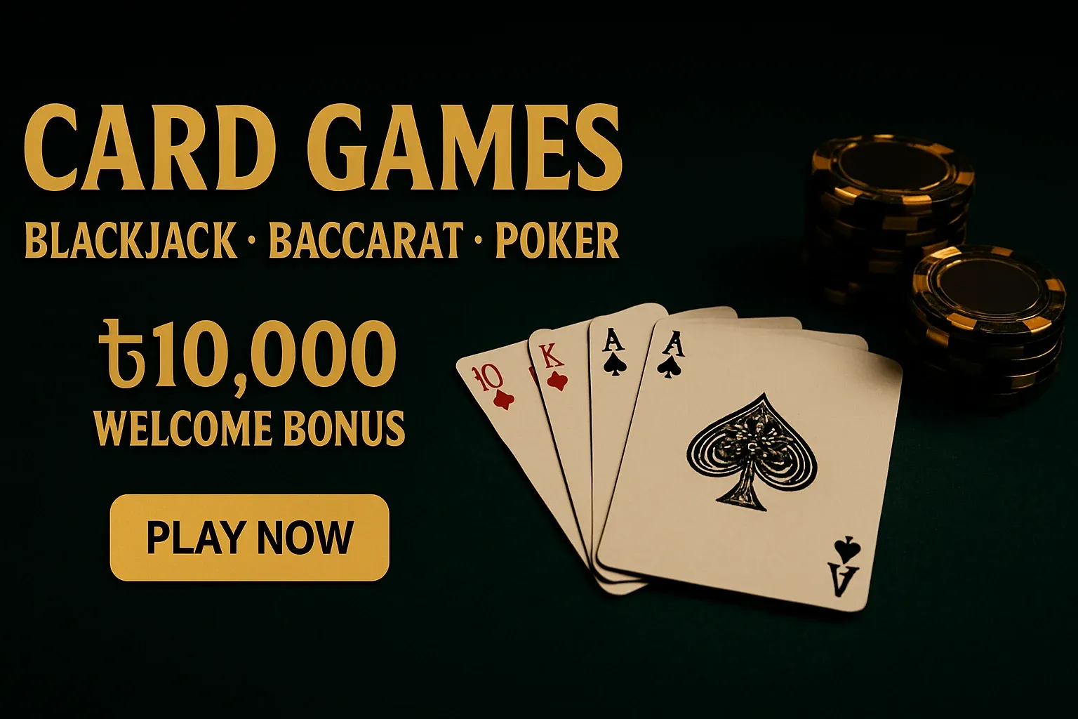 Card games banner with playing cards, chips, bonus offer, and CTA