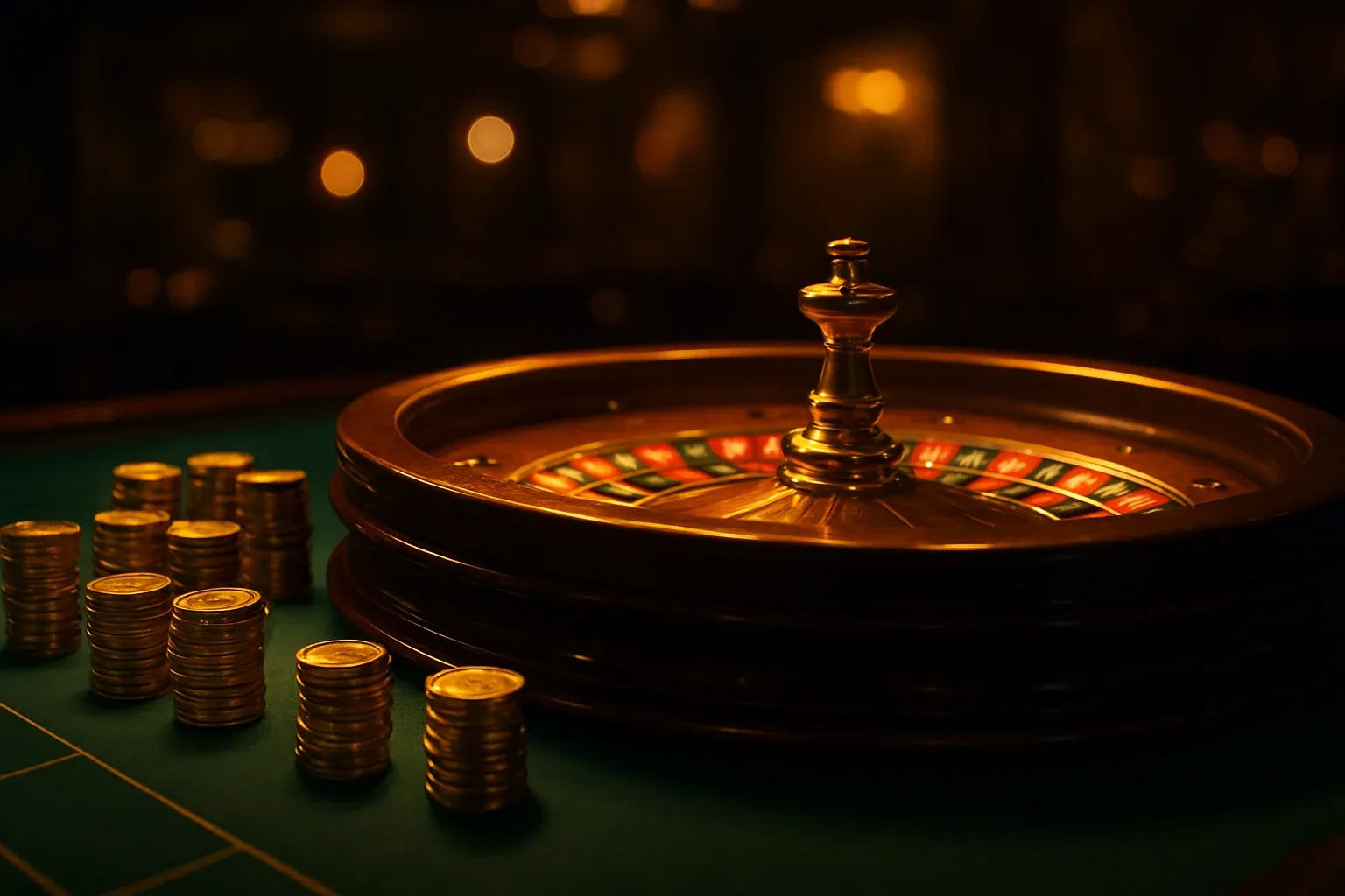 Elegant live casino table with glowing roulette wheel and golden chips