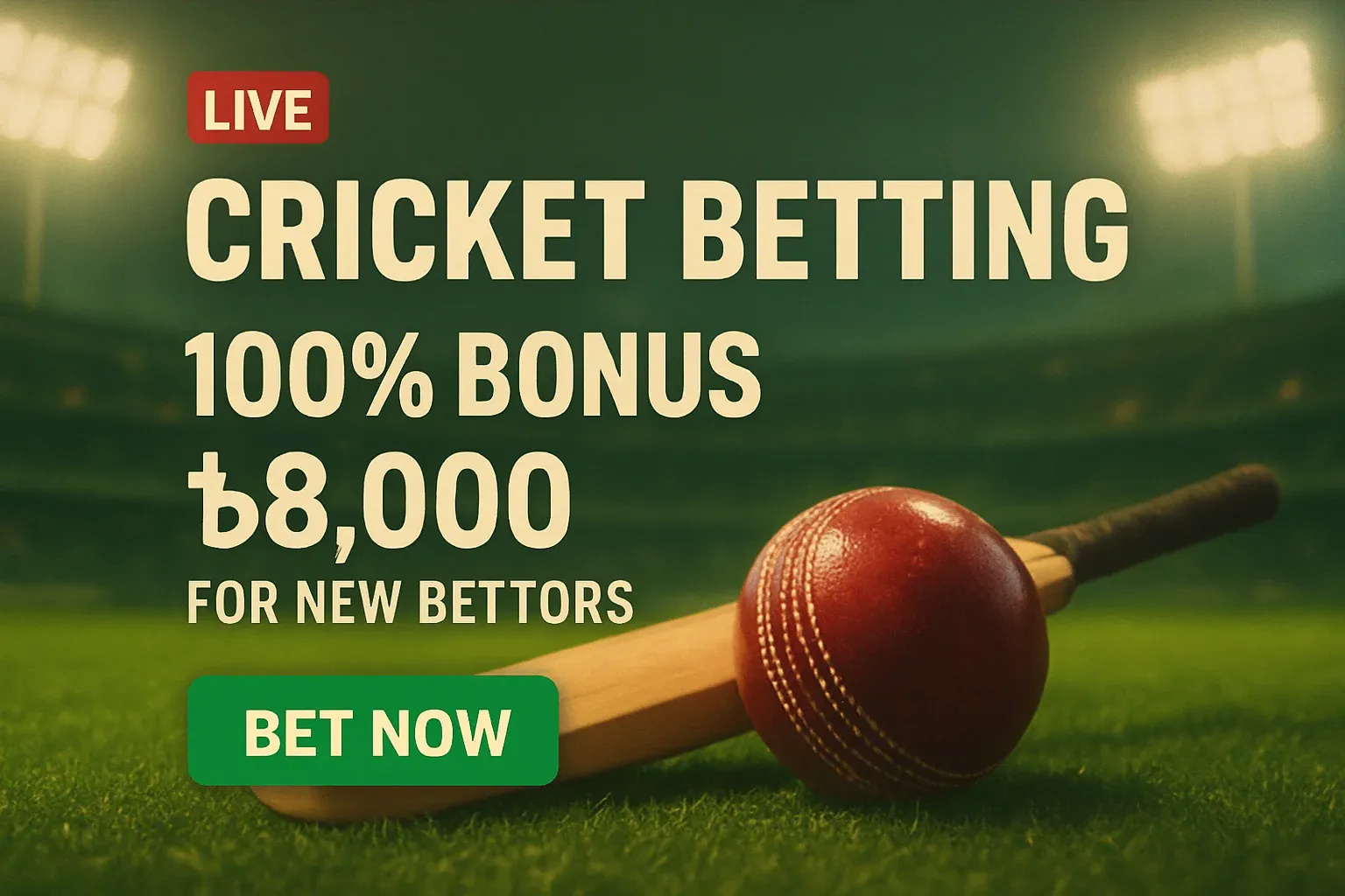 Cricket betting banner with bat, ball, stadium, bonus and CTA
