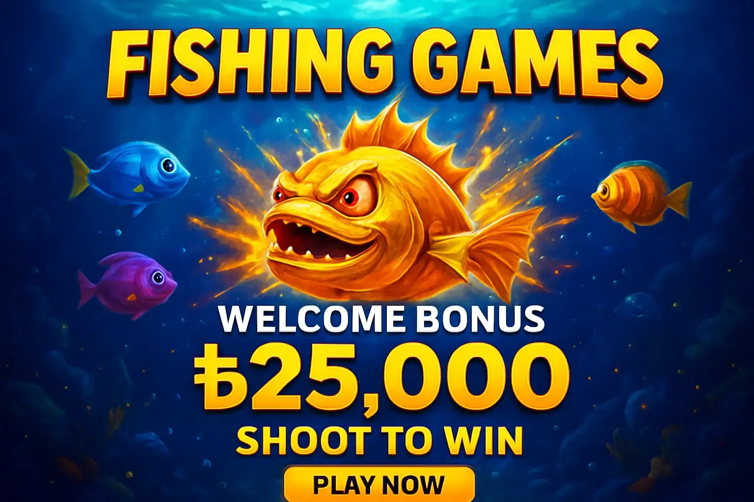 Fishing arcade promo banner with underwater boss fish and bonus offer