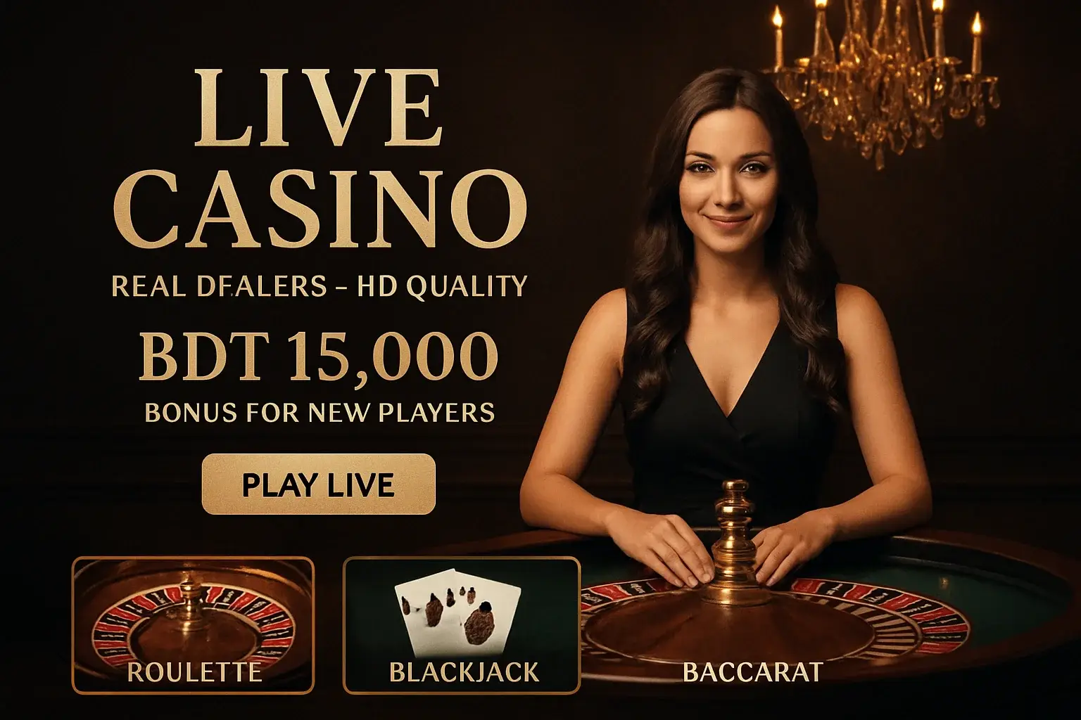 Luxury live casino banner with female dealer, roulette, Bangladesh bonus offer