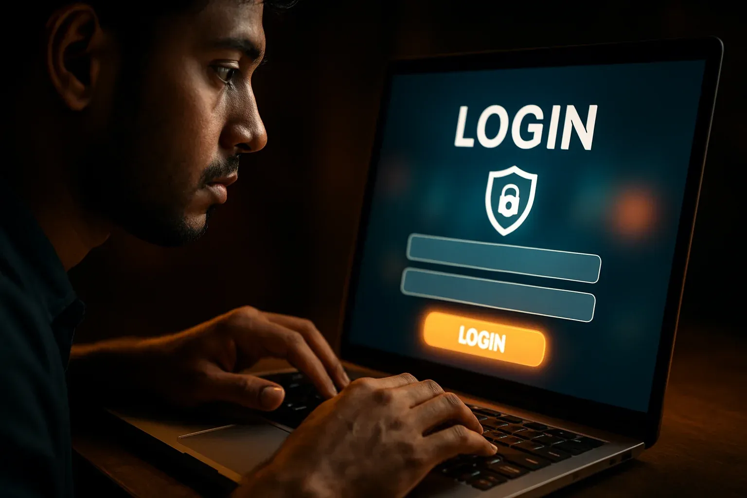 Young Bangladeshi man using laptop with visible login screen form