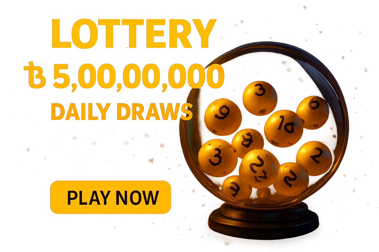 Glowing golden lottery balls in transparent draw machine promotional banner