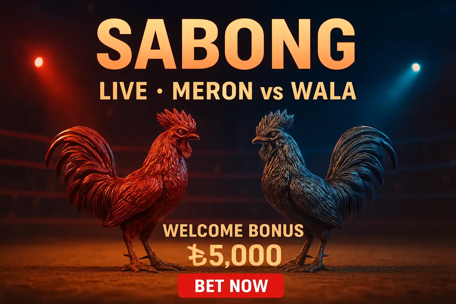 Live sabong banner with decorative rooster figurines and bonus offer