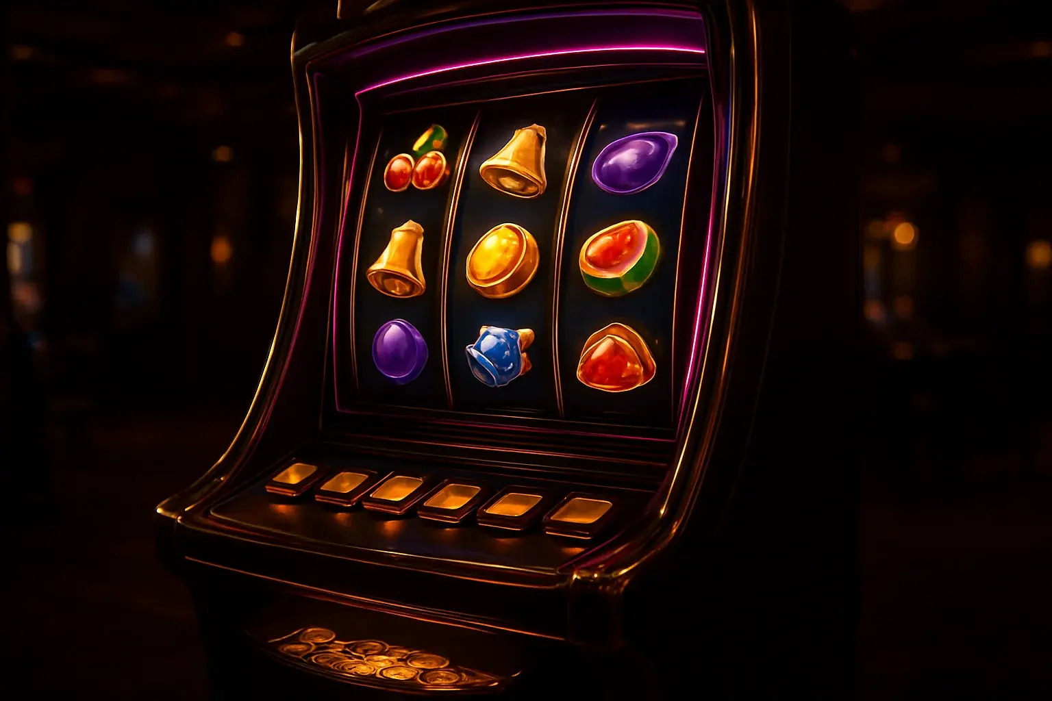 Premium slot machine with three vertical reels in a dark luxury casino